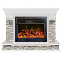 Glenrich Панорама 28 (New flame) камень-Грот цветной/цвет-Беленный дуб электрокамин с широким очагом 2D
