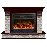 Glenrich Панорама 28 (New flame) камень-Грот цветной/цвет-Красное дерево электрокамин с широким очагом 2D