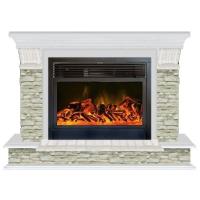 Glenrich Панорама 28 (New flame) камень-Грот однотонный/цвет-Беленный дуб электрокамин с широким очагом 2D