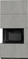 Kratki FLOKI PRO CEMENTO GRIGIO BOCCIARDATA, угловое стекло слева, черная футеровка готовый дровяной каминокомплект