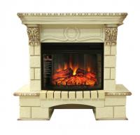 Royal Flame Pierre Luxe шампань с очагом Dioramic 25 FX  (Слоновая кость с патиной) с эффектом горения дров электрический очаг в комплекте с порталом